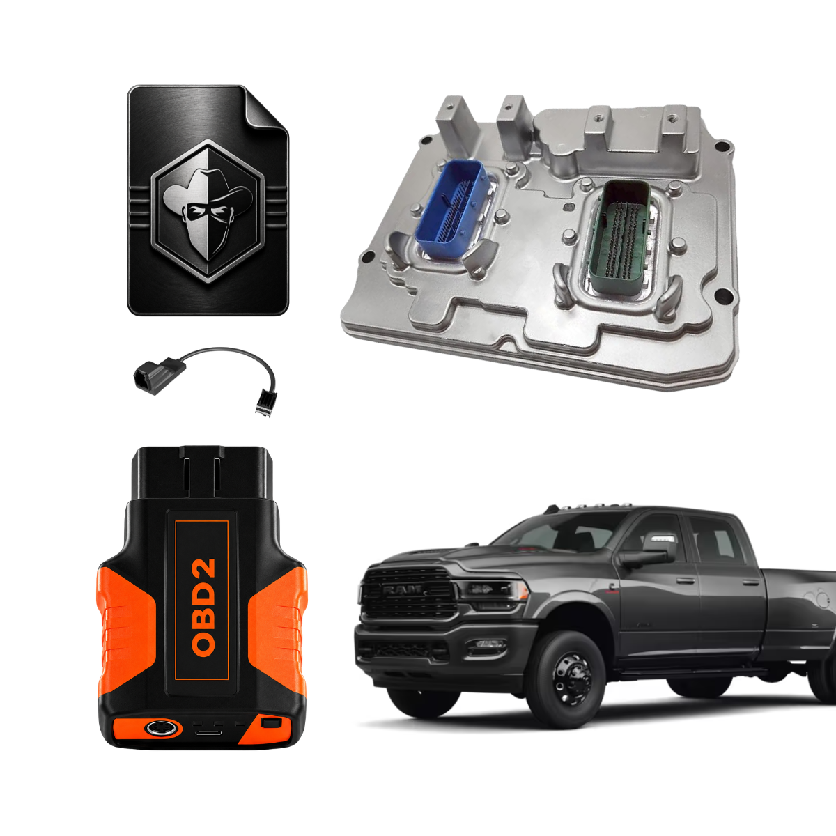 6.7 Cummins ECM swap tuning kit for 2022-2024 Ram trucks, featuring an ECM, OBD2 tuner and an access cable.