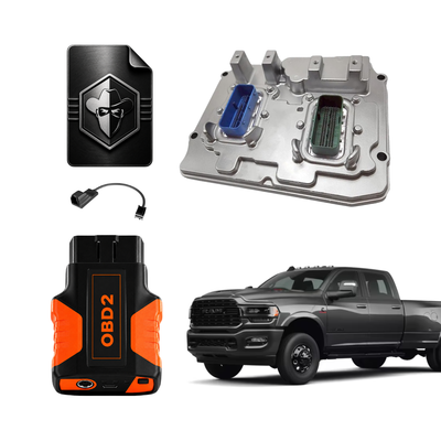 6.7 Cummins ECM swap tuning kit for 2022-2024 Ram trucks, featuring an ECM, OBD2 tuner and an access cable.