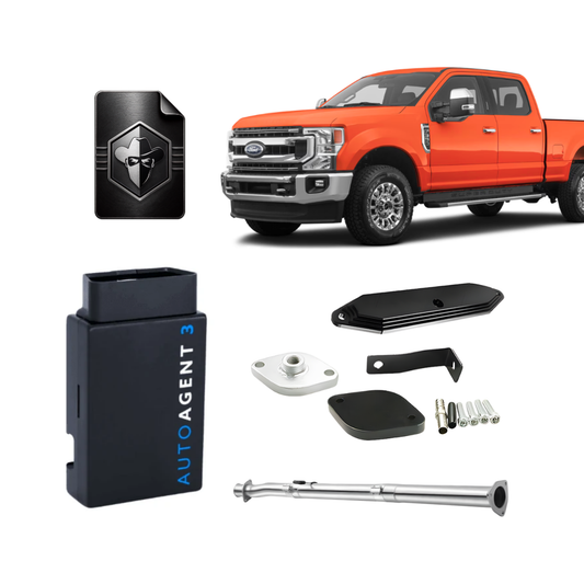All-in-one performance kit for 2020-2022 Powerstroke 6.7L F250 F350 trucks. Image displays an orange Ford Super Duty, an EZ LYNK AutoAgent 3 tuning device, a digital Bandit Tunes package icon, a replacement exhaust pipe, and heavy-duty hardware plates.