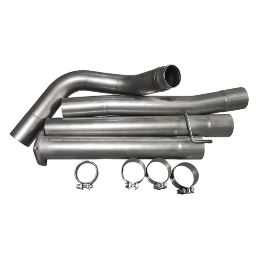 Stainless steel CAT and DPF delete pipe kit with four exhaust clamps for 2011-2026 Ford 6.7L Powerstroke trucks.