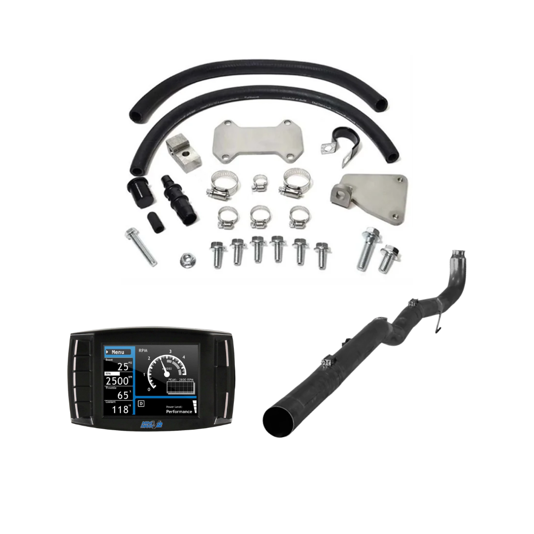 Complete 6.6L Duramax LML Delete Kit components with the pipe and mini maxx tuner displayed on a white background