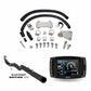 Components of a 6.6L Duramax delete kit including pipes, gaskets and a duramax tuner on a white background.