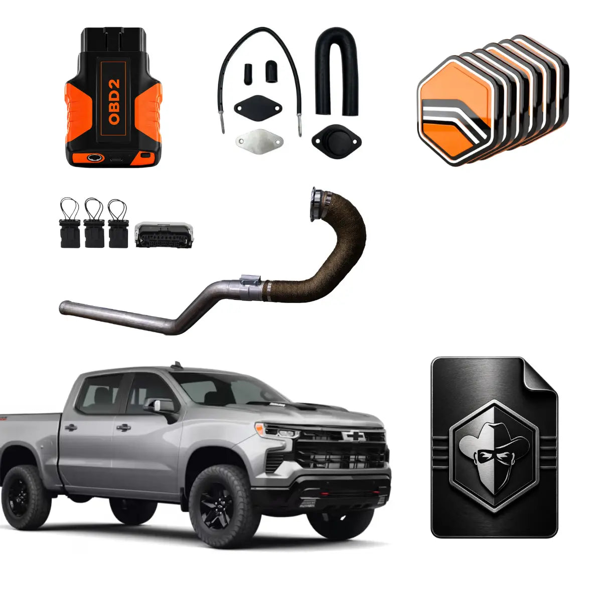Duramax LZO delete kit with OBD2 tuner, EGR delete components, Black Bandit tune files, exhaust pipe and Chevrolet Silverado 1500
