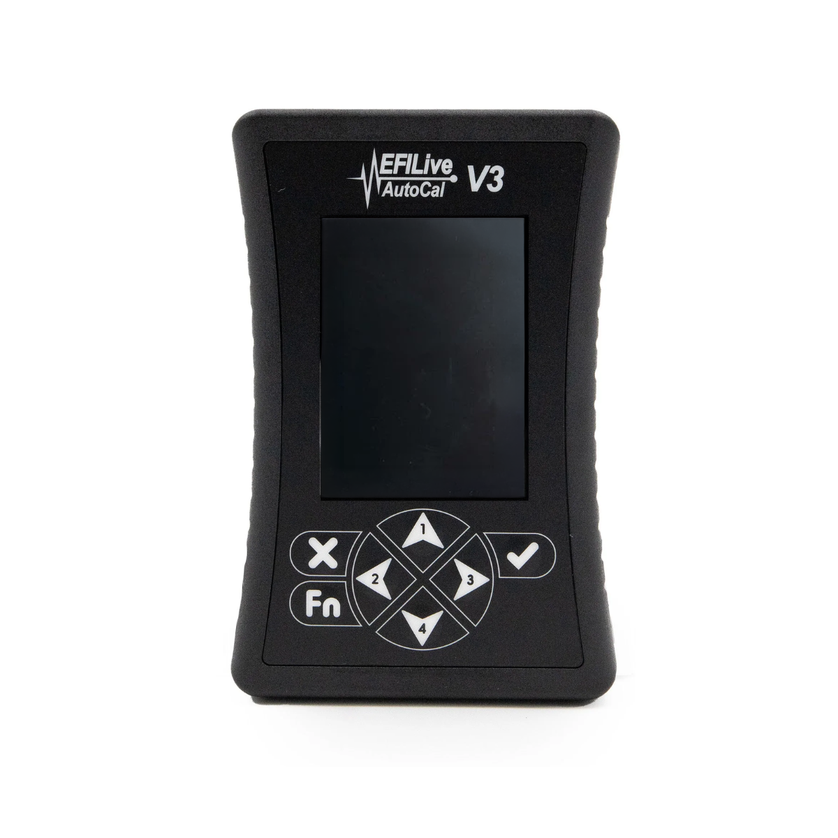EFI Live AutoCal V3 TUNING device with a black textured casing, central screen, and white control buttons on a white background.