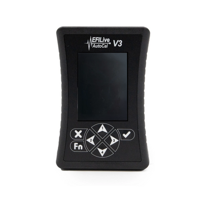 EFI Live AutoCal V3 TUNING device with a black textured casing, central screen, and white control buttons on a white background.