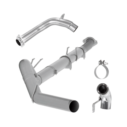 5 Inch Down-pipe back exhaust for 6.7 Powerstroke engines with the required downpipe for 2020+ Ford f250 f350 f450 f550 models displayed on a white background