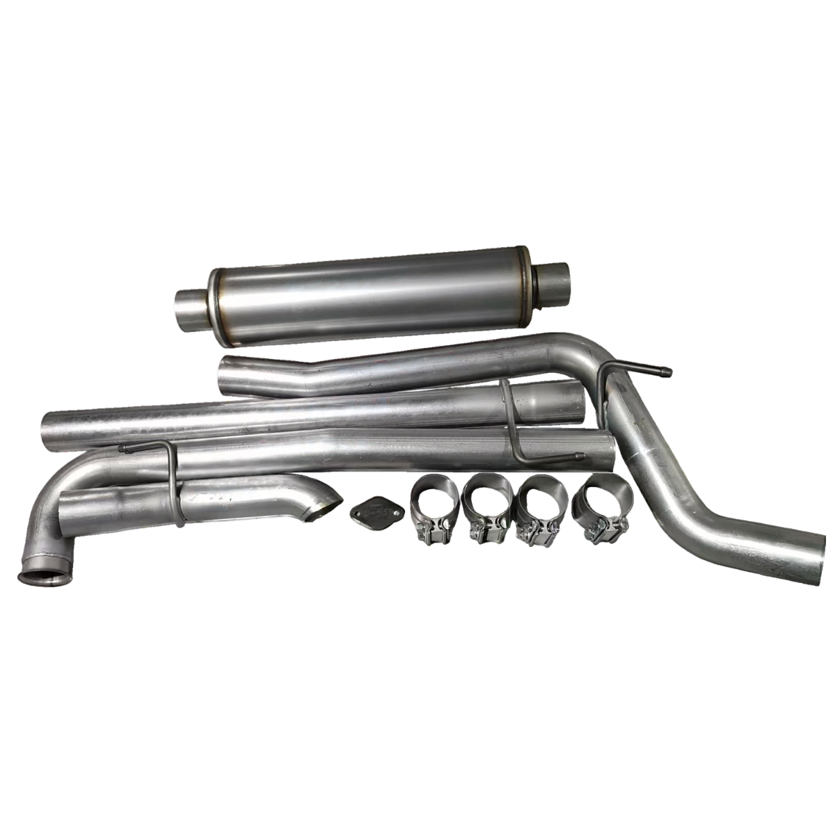 Jeep Gladiator 3.0L EcoDiesel 3-inch downpipe-back exhaust kit for 2021–2023 models, with bent stainless tubing sections, a Y-pipe, clamps and hangers laid out on a white background.