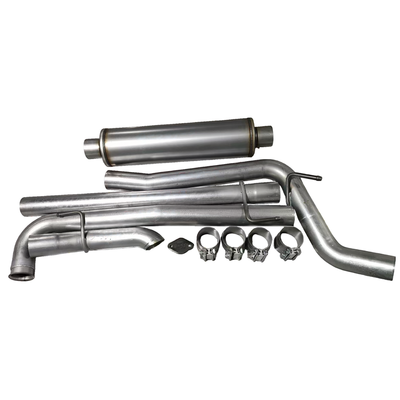 Jeep Gladiator 3.0L EcoDiesel 3-inch downpipe-back exhaust kit for 2021–2023 models, with bent stainless tubing sections, a Y-pipe, clamps and hangers laid out on a white background.