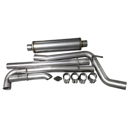 Jeep Gladiator 3.0L EcoDiesel 3-inch downpipe-back exhaust kit for 2021–2023 models, with bent stainless tubing sections, a Y-pipe, clamps and hangers laid out on a white background.