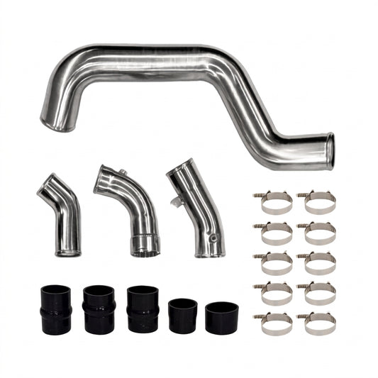 Complete 6.6L Duramax L5P intercooler pipe and boot kit with polished 3" pipes, silicone boots, and T-bolt clamps