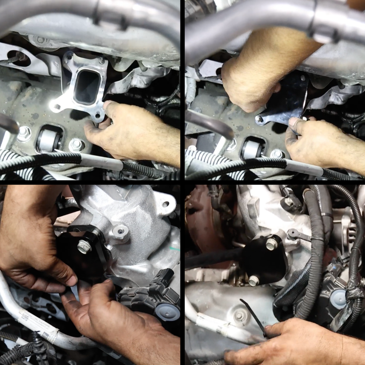 6.6L Duramax L5P EGR block-off plates being installed in the engine bay, showing plate placement and mounting points.