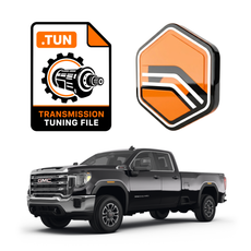 GMC L5p truck with transmission tuning file icon and Tuning Credits Icon on a white background