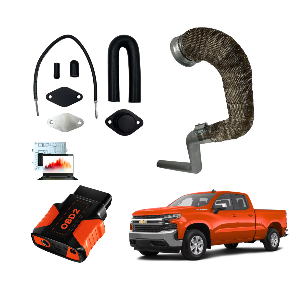 All things included in a 3.0L Duramax LM2 Delete kit with a orange Chevy Silverado 1500 diesel LM2 displayed on a white background