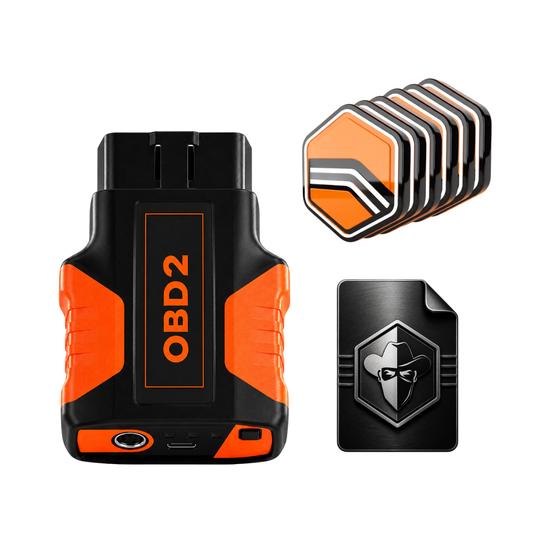 An OBD2 tuner on the left with a stacked row of tuning credits on the top right and a black bandit digital tune file icon.