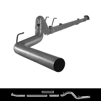 6.7L Powerstroke Cab Chassis downpipe-back exhaust system for 2011–2019 Ford Super Duty trucks, shown assembled with a bottom view of the individual exhaust pipe sections.