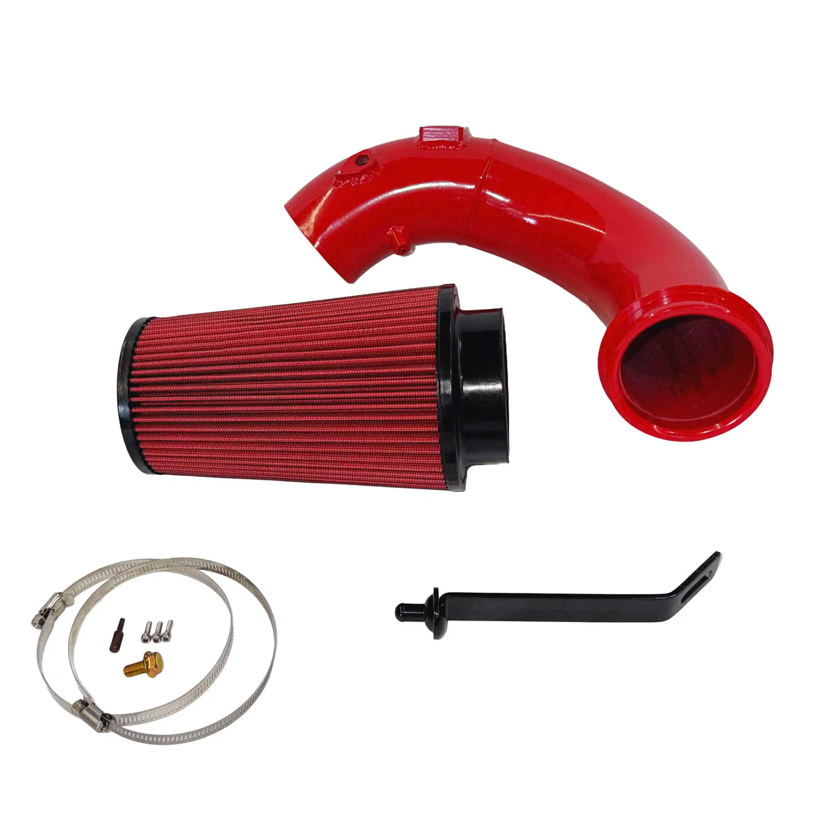 2013–2018 Ram Cummins 6.7L cold air intake kit with red intake tube, cone air filter and installation hardware