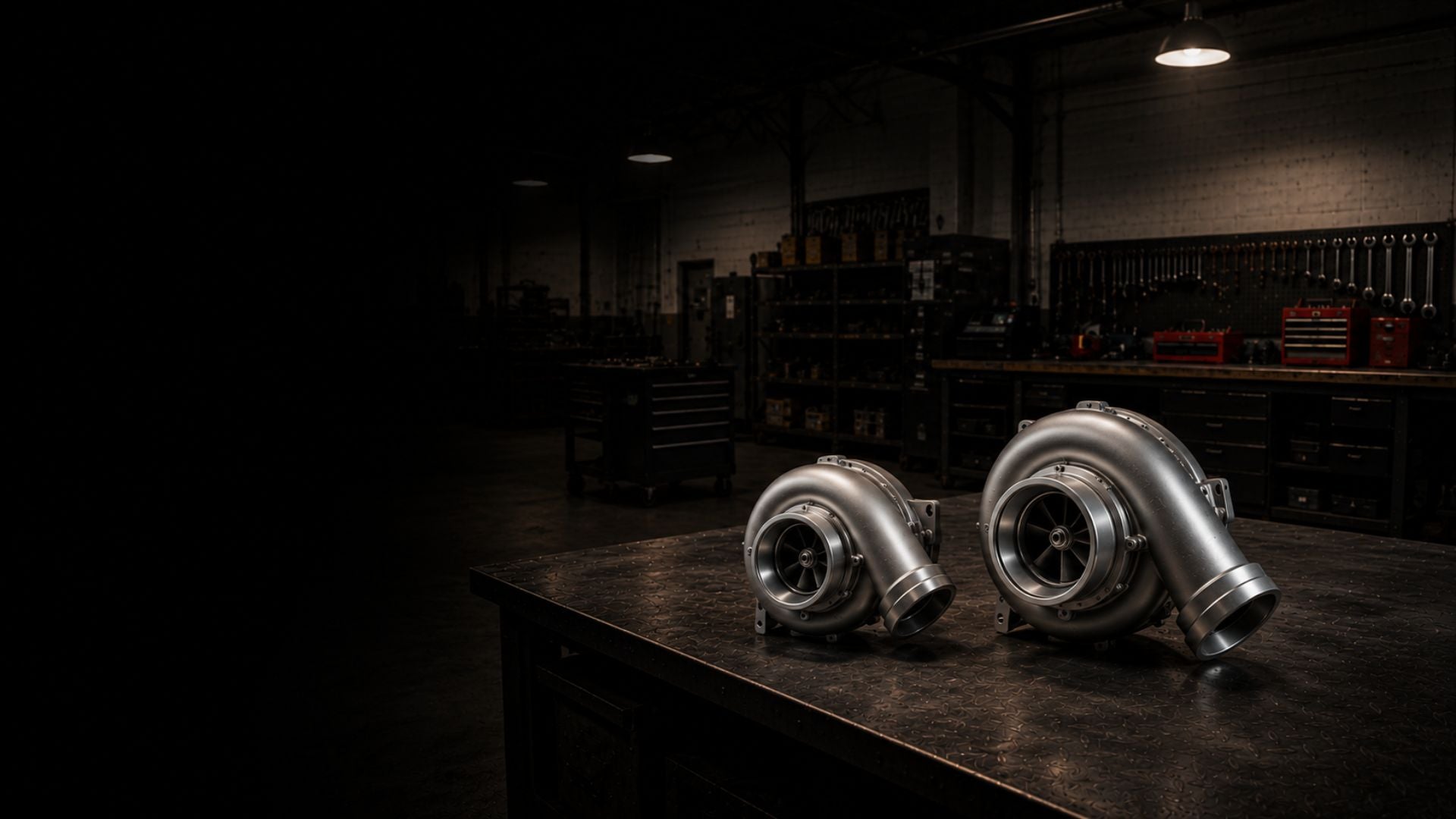 Black bandit turbochargers within a clean mechanic shop