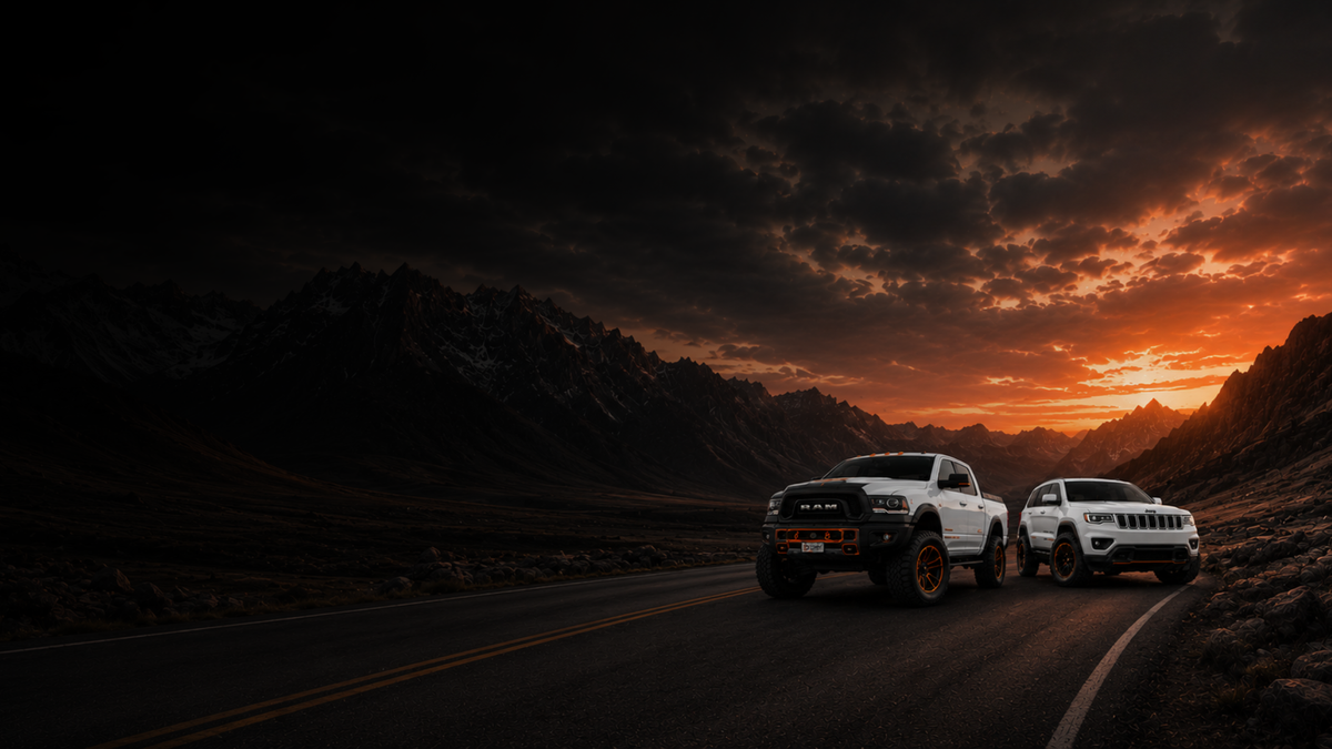 Tuner Depot EcoDiesel ram and jeep grand cherokee on the road with the sunset in the background