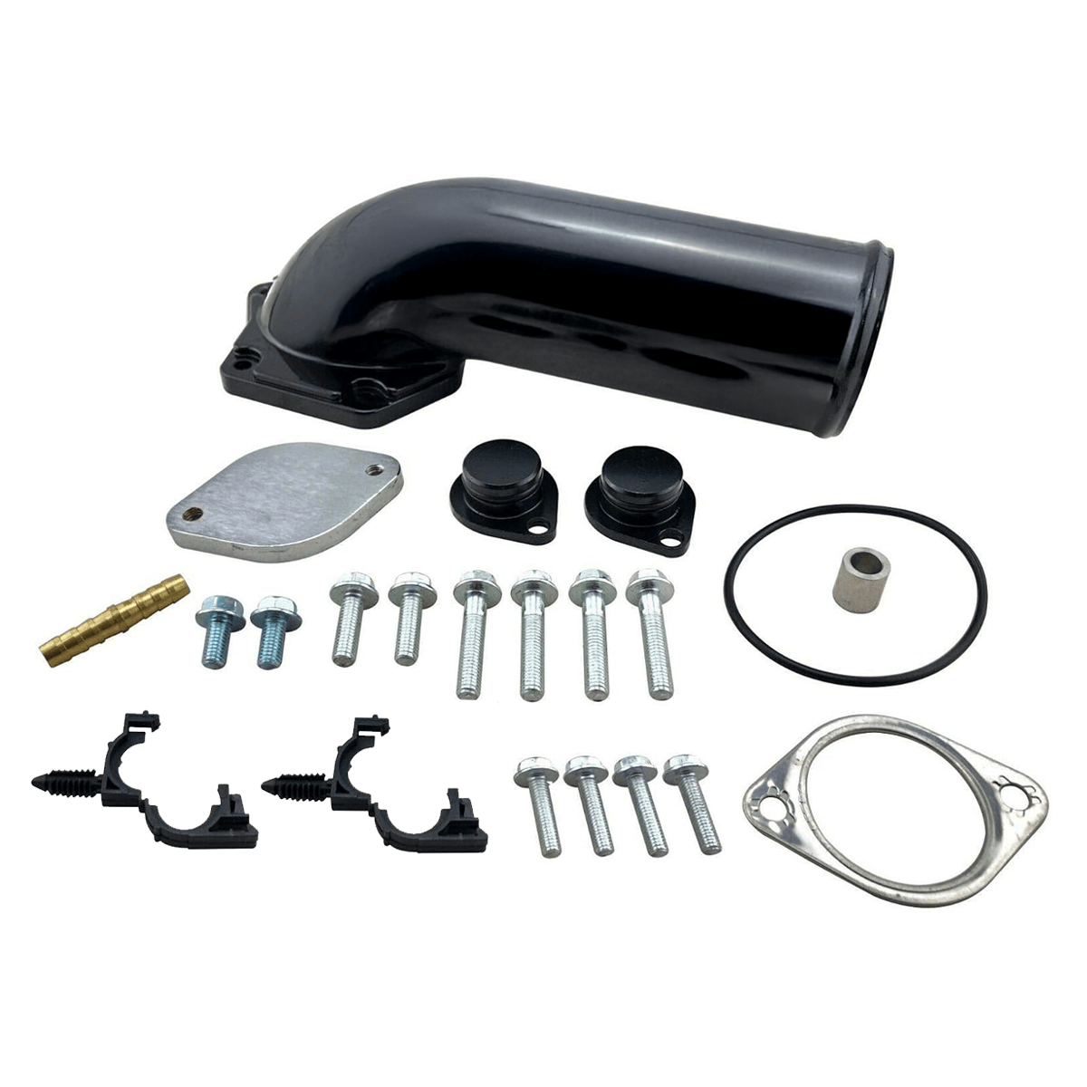 Components of 6.4 EGR Delete Kit for powerstroke 6.4L Diesel engine displayed on a white background.