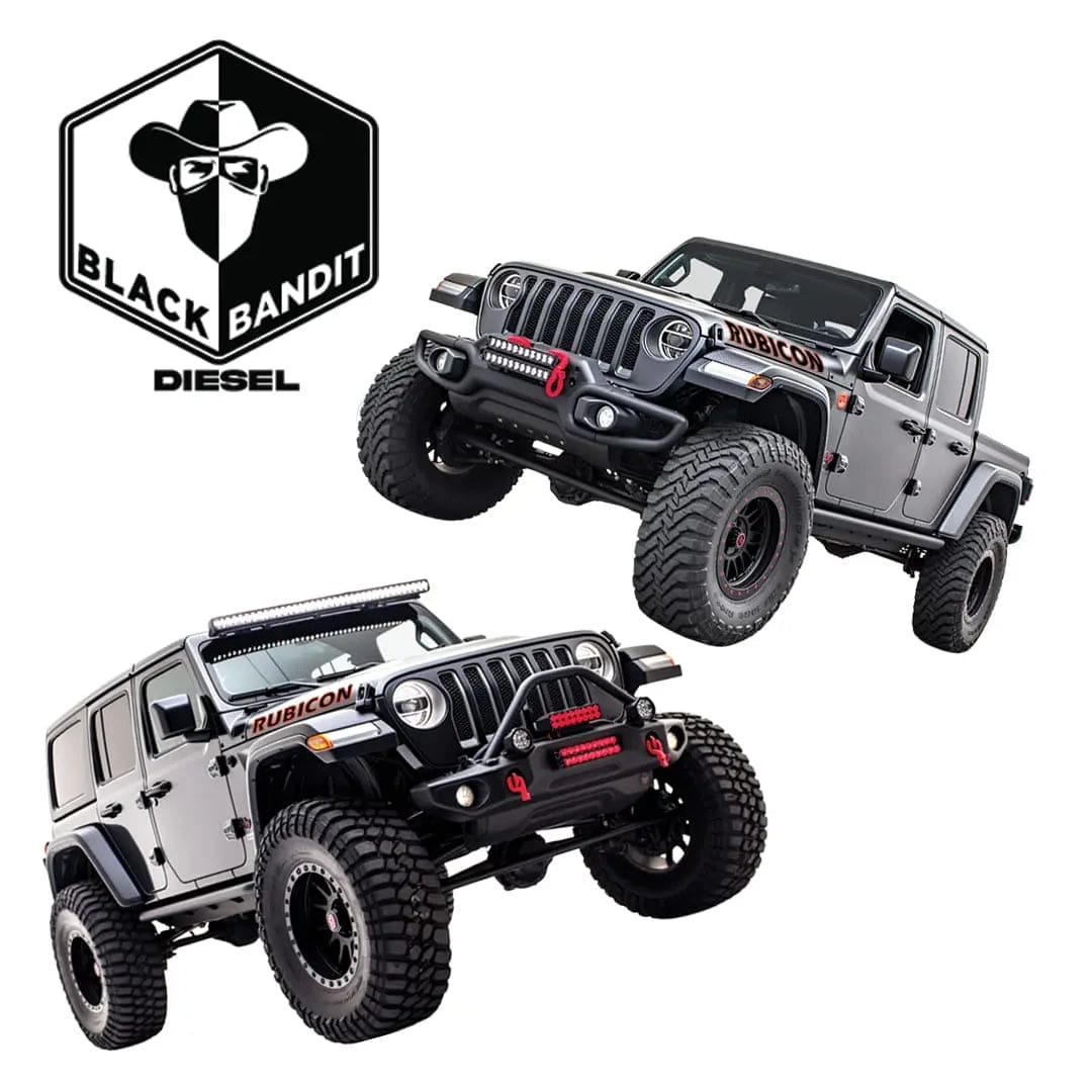 A Jeep Wrangler & Gladiator EcoDiesels with the Black Bandit Performance Tuning logo on the top left corner