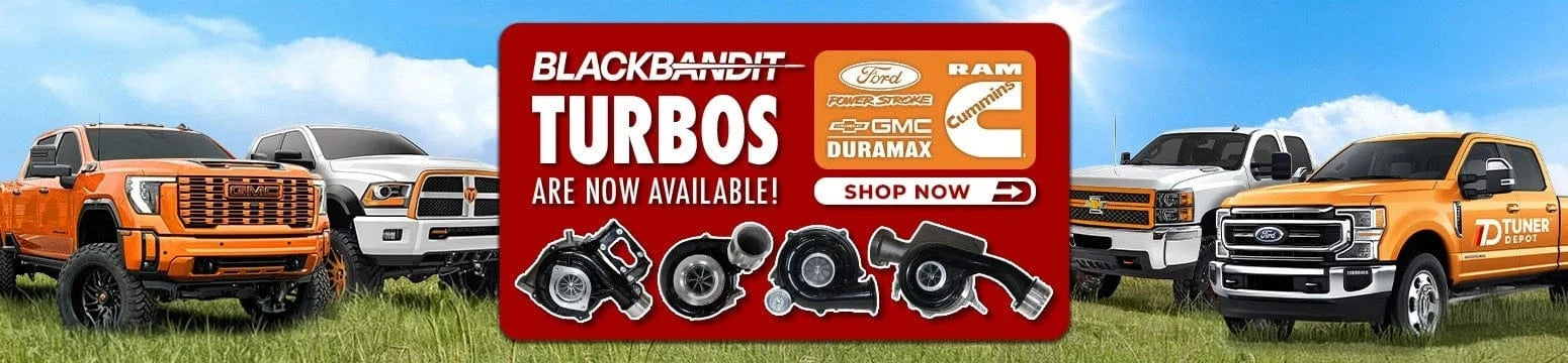 Homepage promotional banner for Black Bandit turbo chargers for Ford Powerstroke, GM Duramax, and Dodge Ram Cummins
