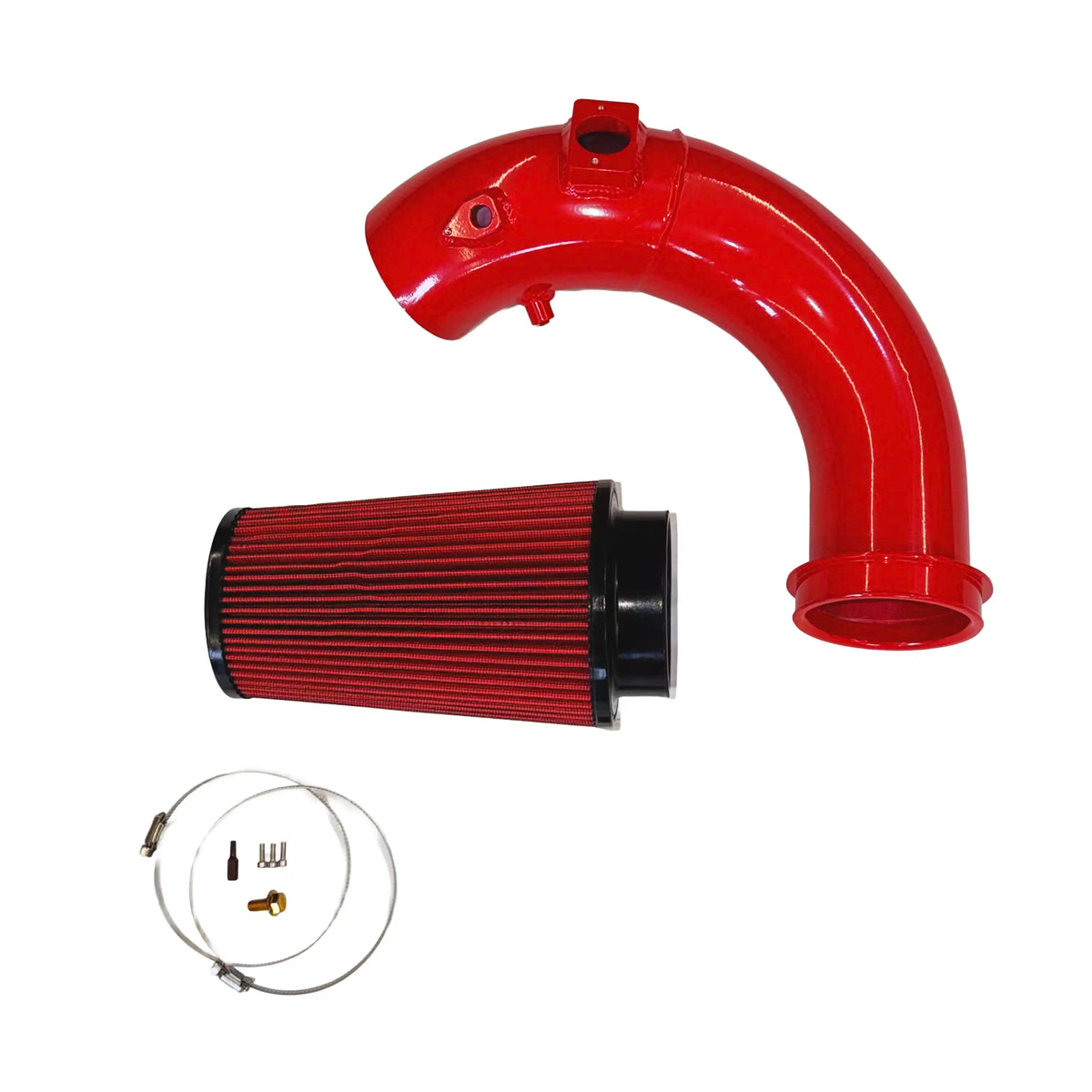 Red cold air intake tube and cone air filter for 2013–2018 Ram 6.7L Cummins