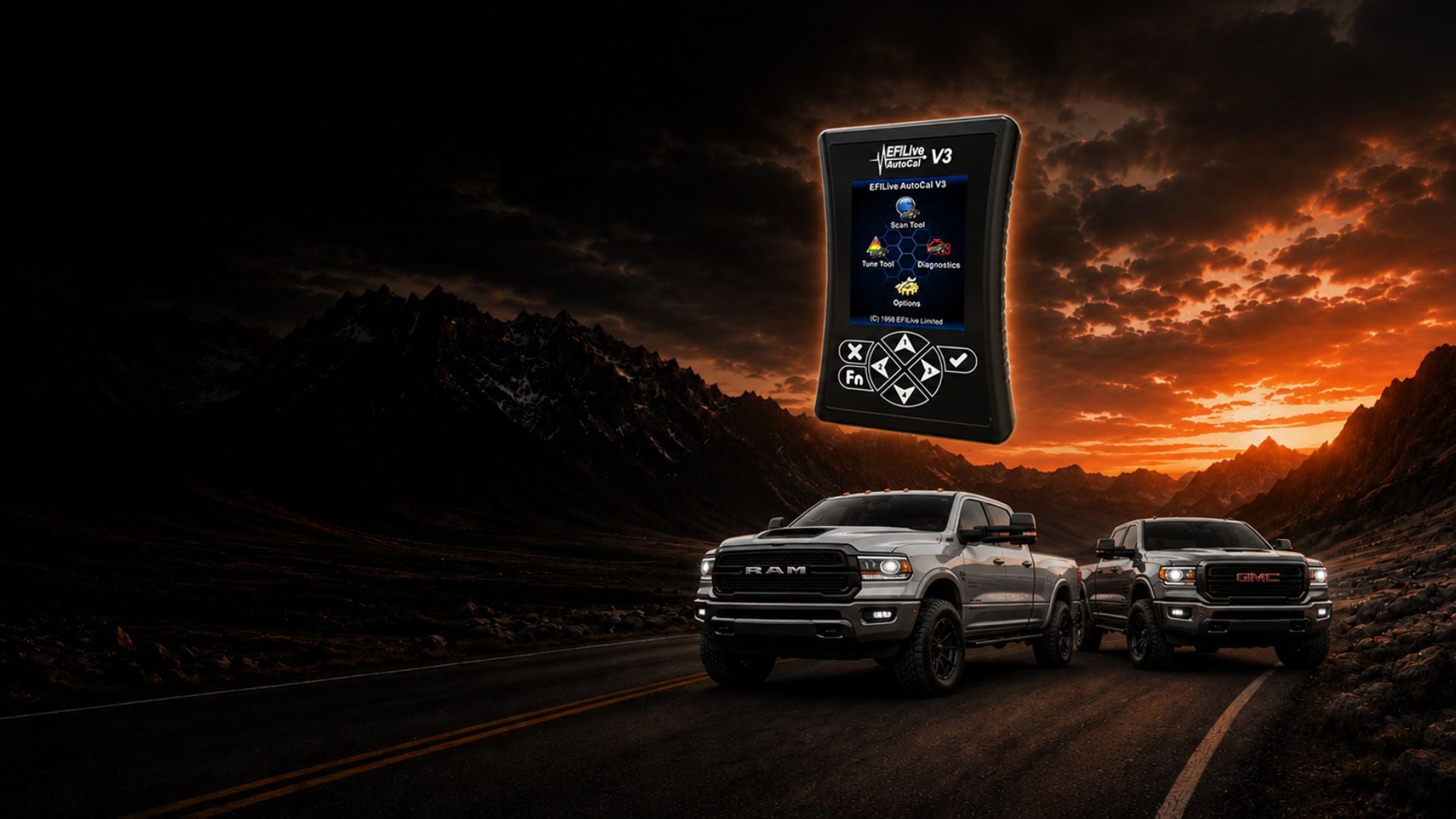 diesel ram and diesel gmc on side of road with efi live tuner on top with sunset background