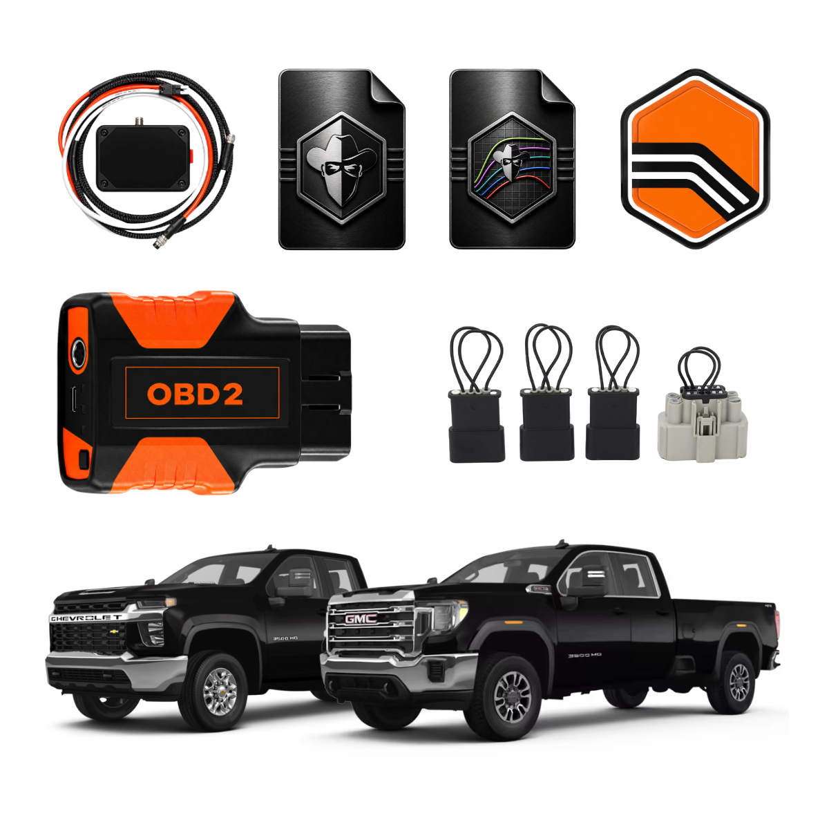 L5P tuning package with Black Bandit Tunes, OBD2 tuning device, tune files, unlock hardware, and required connectors for 2017–2026 6.6L Duramax L5P trucks.
