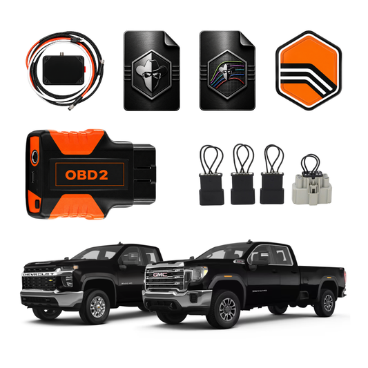 L5P tuning package with Black Bandit Tunes, OBD2 tuning device, tune files, unlock hardware, and required connectors for 2017–2026 6.6L Duramax L5P trucks.