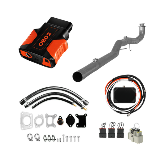 L5P Duramax delete kit with OBD2 tuner, delete pipe, CAN bus plugs, E41 ECM unlock tool, and L5P EGR delete components.