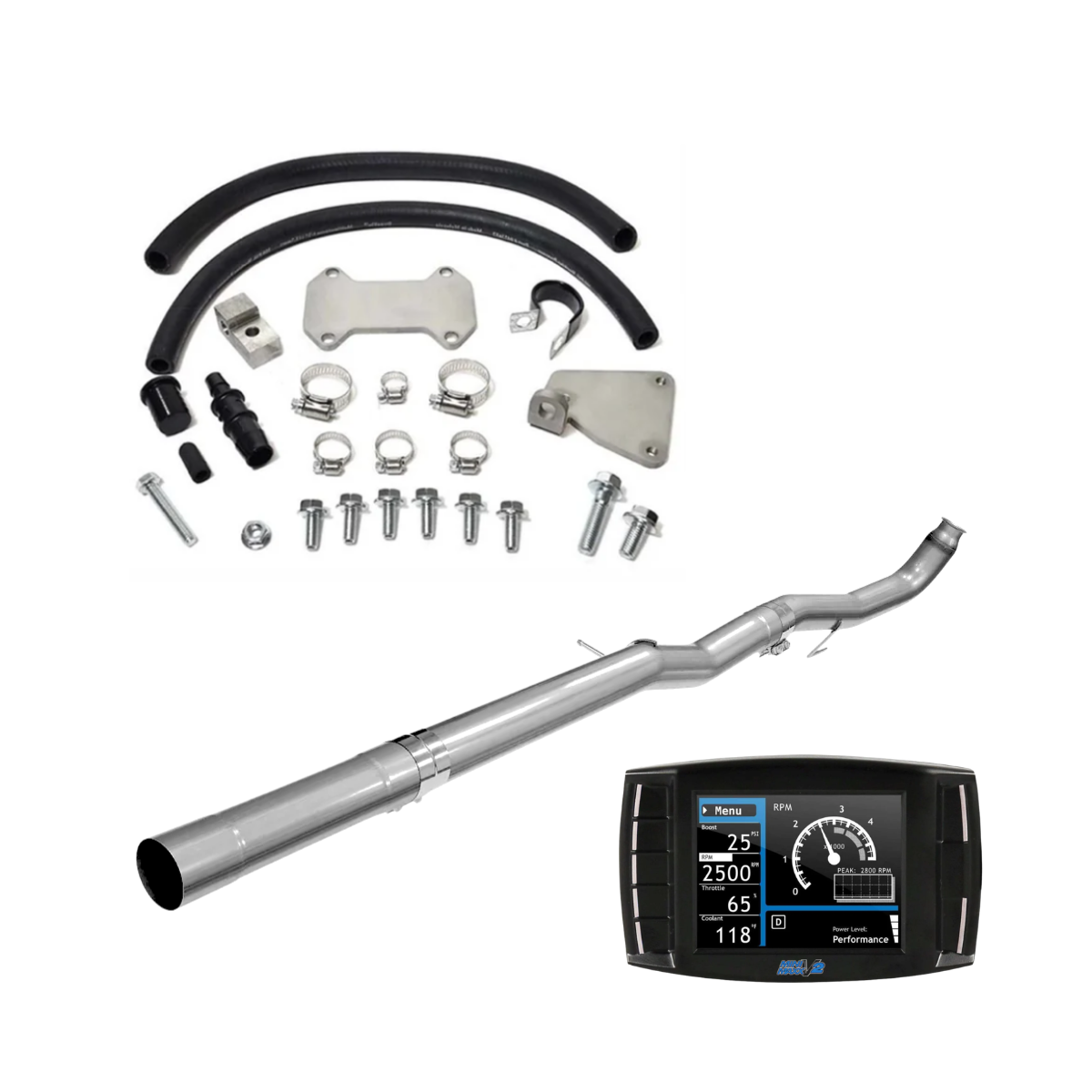 2011–2015 Duramax LML delete kit with 304 stainless steel DPF delete pipe, EGR delete components, hoses, clamps, mounting hardware, and Mini Maxx V2 tuner