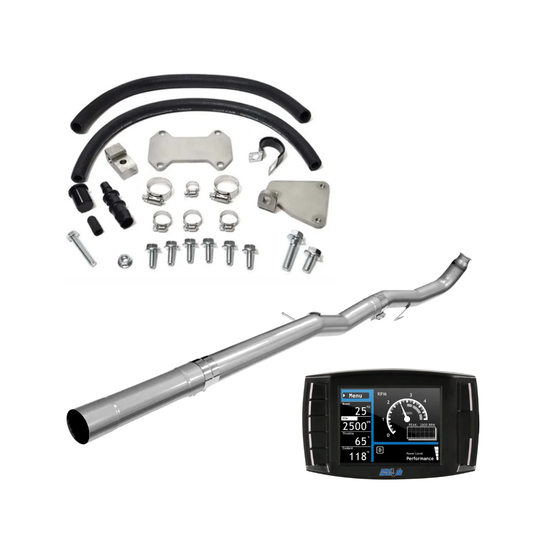 2011–2015 Duramax LML delete kit with 304 stainless steel DPF delete pipe, EGR delete components, hoses, clamps, mounting hardware, and Mini Maxx V2 tuner