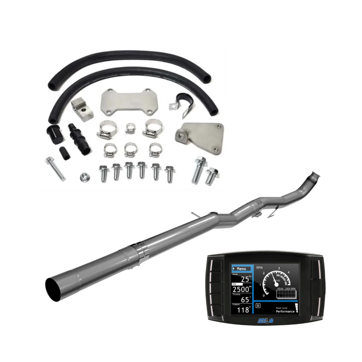 2011–2015 Duramax LML delete kit with 409 stainless steel DPF delete pipe, EGR delete components, hoses, clamps, mounting hardware, and Mini Maxx V2 tuner