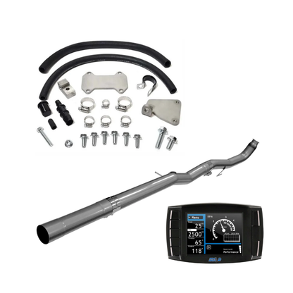 2011–2015 Duramax LML delete kit with 409 stainless steel DPF delete pipe, EGR delete components, hoses, clamps, mounting hardware, and Mini Maxx V2 tuner