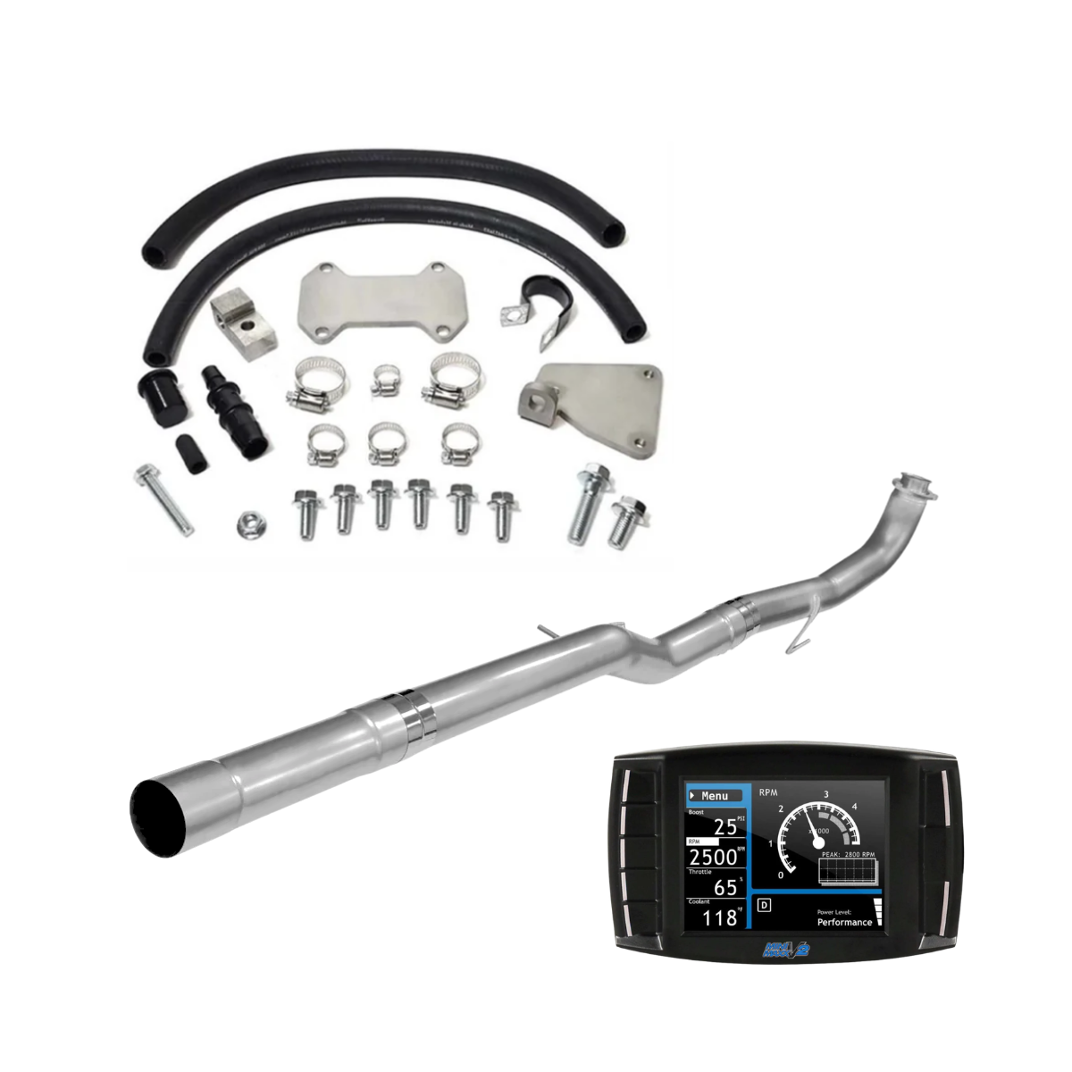 2016 LML Duramax delete kit with 304 stainless steel DPF delete pipe, EGR delete components, hoses, clamps, mounting hardware and Mini Maxx V2 tuner.
