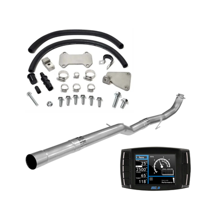 2016 LML Duramax delete kit with 304 stainless steel DPF delete pipe, EGR delete components, hoses, clamps, mounting hardware and Mini Maxx V2 tuner.