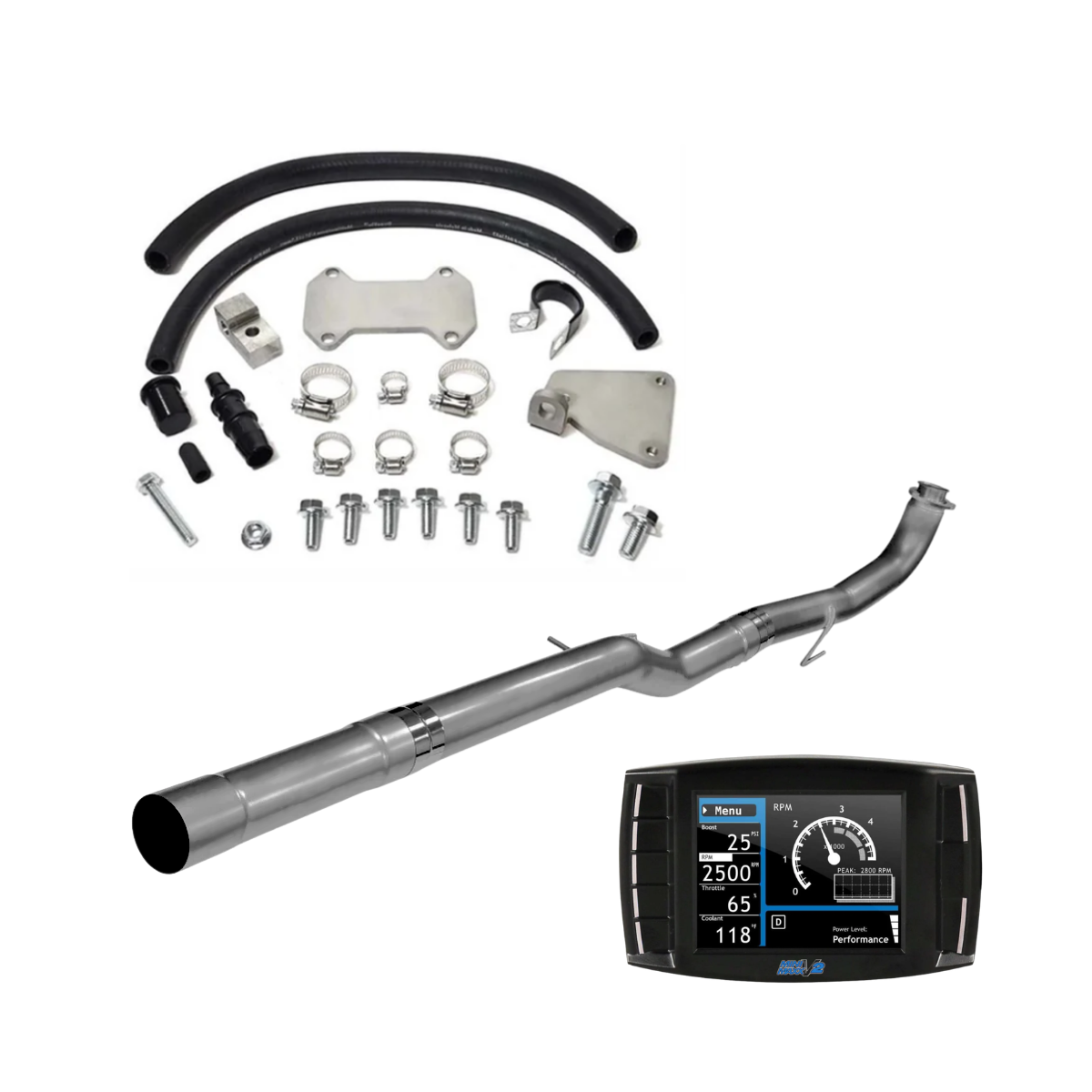 2016 LML Duramax delete kit with 409 stainless steel DPF delete pipe, EGR delete components, hoses, clamps, mounting hardware and Mini Maxx V2 tuner