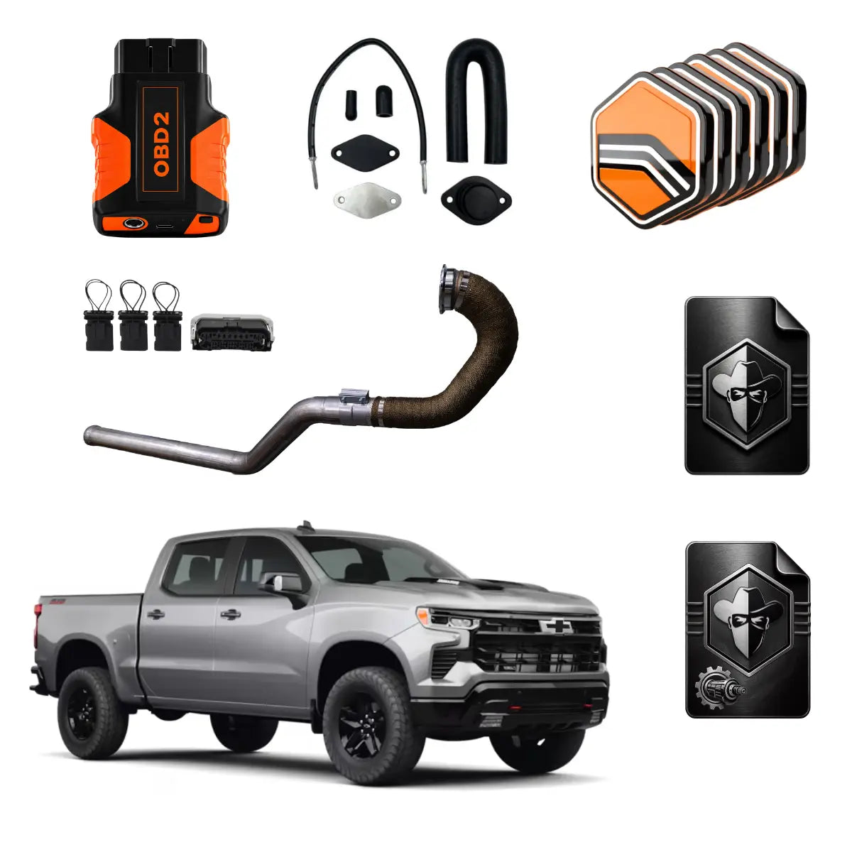 LZ0 Duramax delete kit with OBD2 tuner, EGR delete components, Black Bandit tune files, exhaust pipe, transmission tune file and Chevrolet Silverado 1500