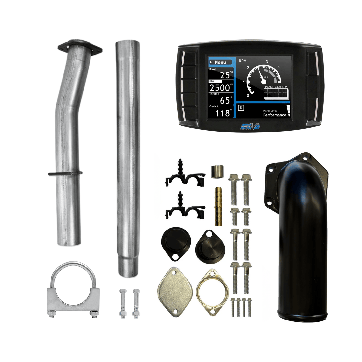 All components of a 6.4L Powerstroke Delete Kit displayed on a white background. 