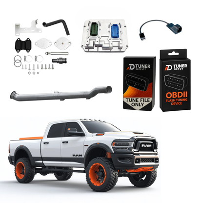 Components of the Cummins 6.7L Delete Kit for 2022-2024 RAM models displayed on a white background.