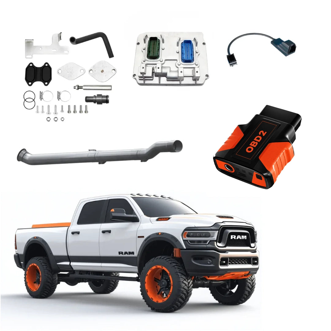 2022–2024 Ram Heavy Duty delete kit with ECM swap, bypass cable, EGR delete components, OBD2 flash tuning interface, exhaust delete pipe and supporting hardware.