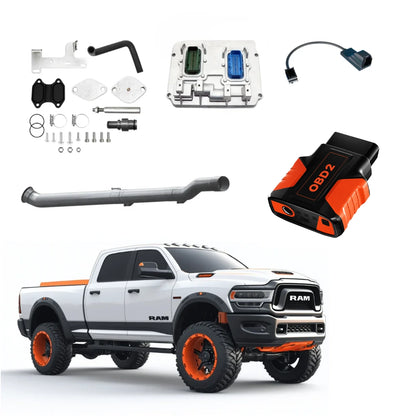2022–2024 Ram Heavy Duty delete kit with ECM swap, bypass cable, EGR delete components, OBD2 flash tuning interface, exhaust delete pipe and supporting hardware.