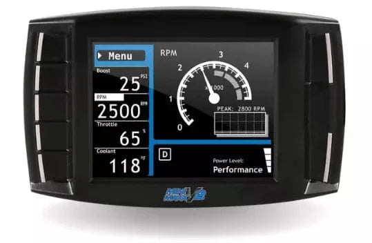A digital display of the Mini Maxx V2 Diesel Tuner showing various vehicle performance metrics.