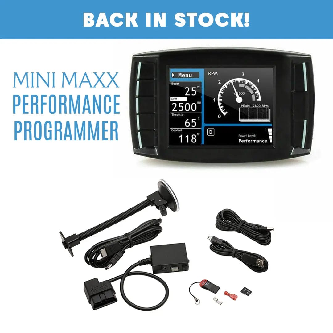 Mini Maxx performance programmer, cables for the Mini Maxx, and the a heading titled back in stock at the top.
